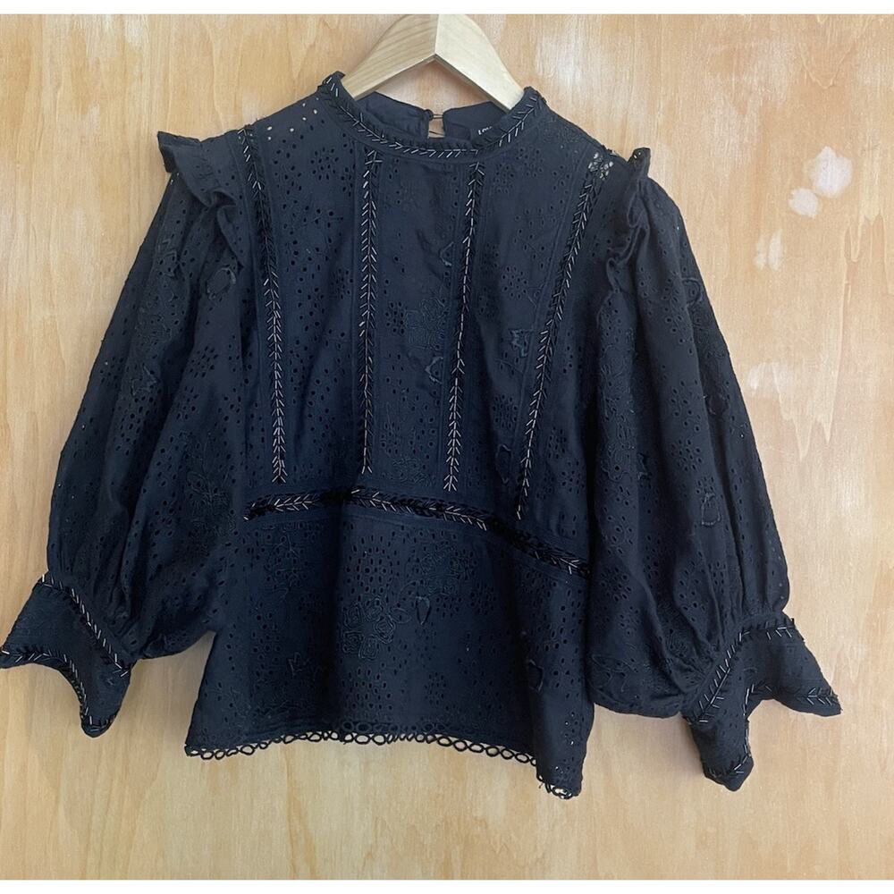 LOVE SAM Cotton Beaded Eyelet Black Top Size Small